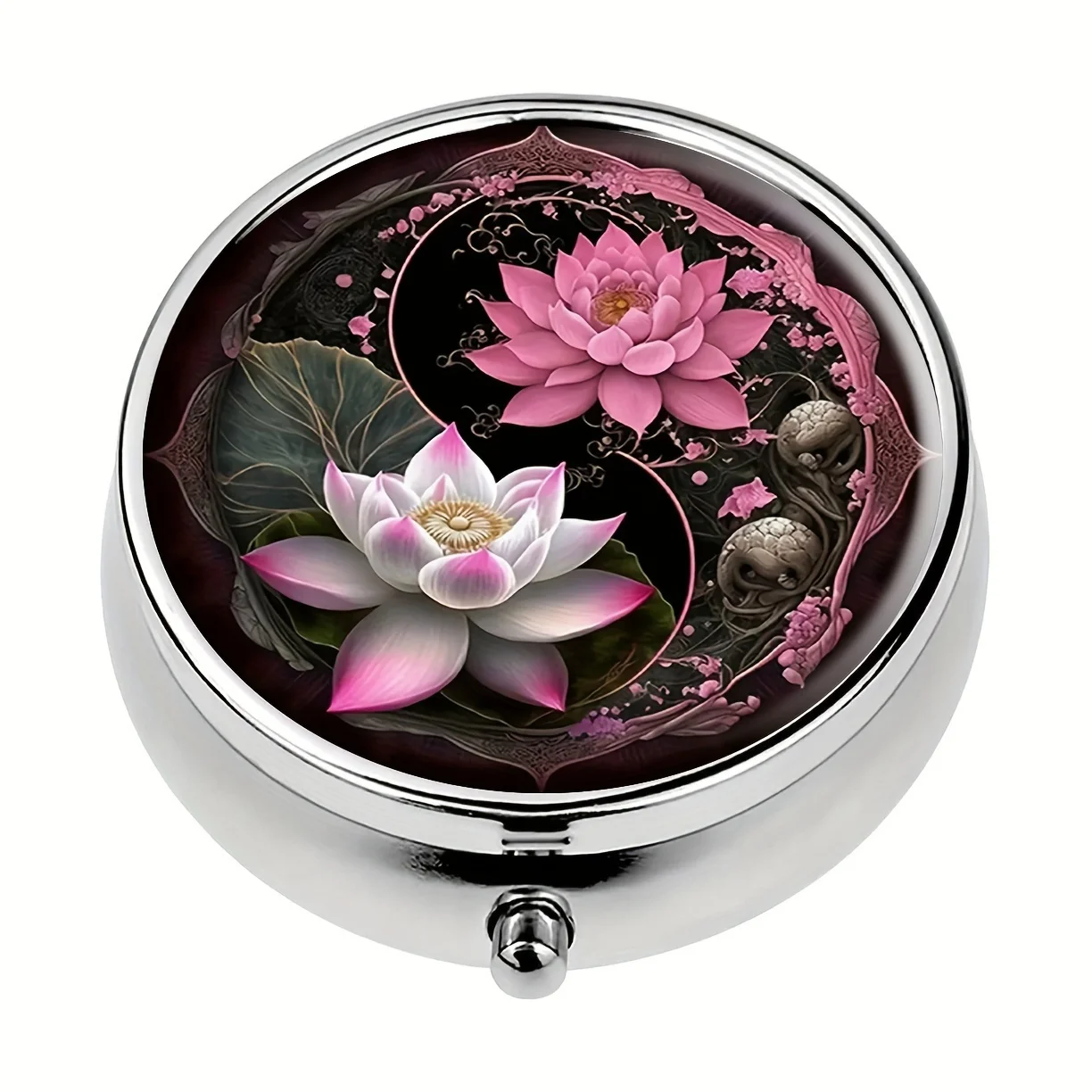 【Travel Essential】Elegant Lotus Round Pill Box - Three-Compartment Portable Medicine Organizer, Skull and Floral Design, Food-Grade Polypropylene Material, Perfect for Travel and Office Storage, Portable Pill Case