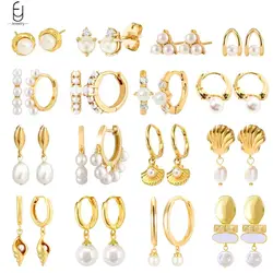 925 Sterling Silver Ear Needle Korean Pearl Hoop Earrings For Women Huggie Gold Earring Pendientes Fine Wedding Jewelry Gift