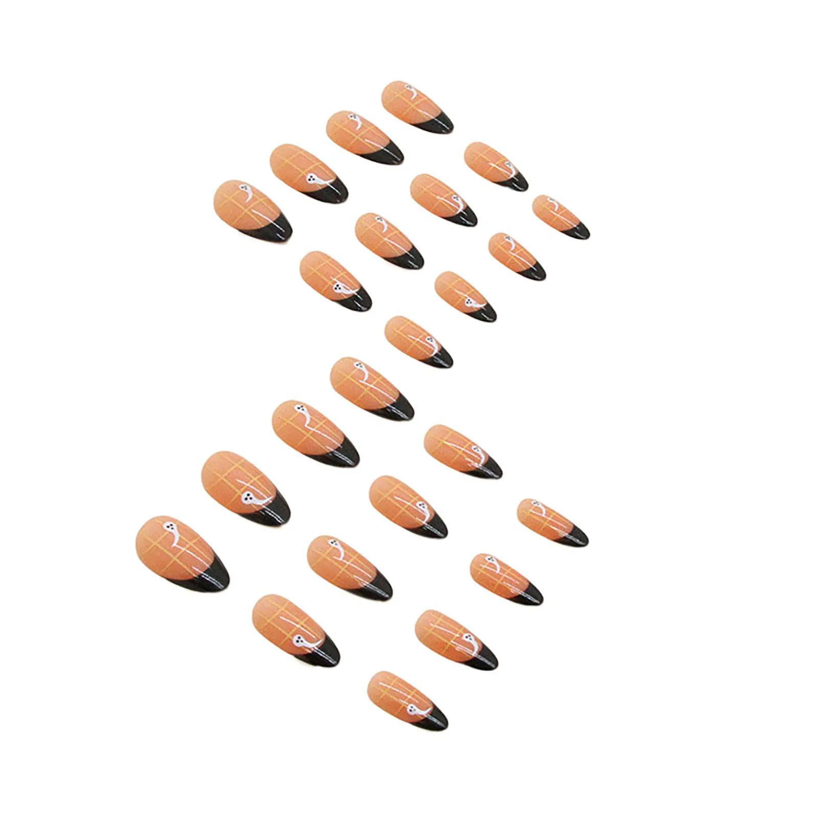 Grid Printed Nude Almond False Nails Charming Comfortable to Wear Manicure Nails for Stage Performance Wear