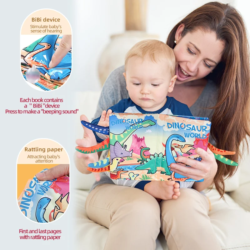 Baby-Stoffbuch, 6-seitig, Dinosaurier-Serie, 0–3 Jahre altes Kleinkind, Eltern-Kind-Interaktion, Schwanz-Stoffbuch, Babyspielzeug, Geschenk für Neugeborene