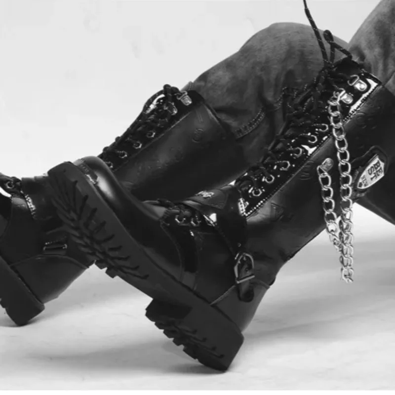 

Men's Fashion Motorcycle Boots Mid-calf Breathable Combat Boots Gothic Belt Punk Boots Mens Shoes Hightop Casual Steel Toe Shoes