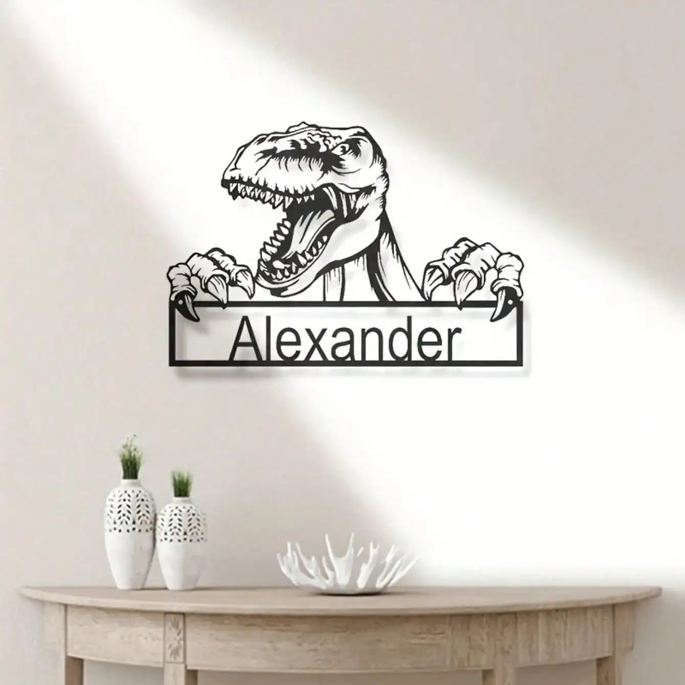 

Personalized Dinosaur Metal Wall Art Name Sign for Kids Room Black White Home Decor