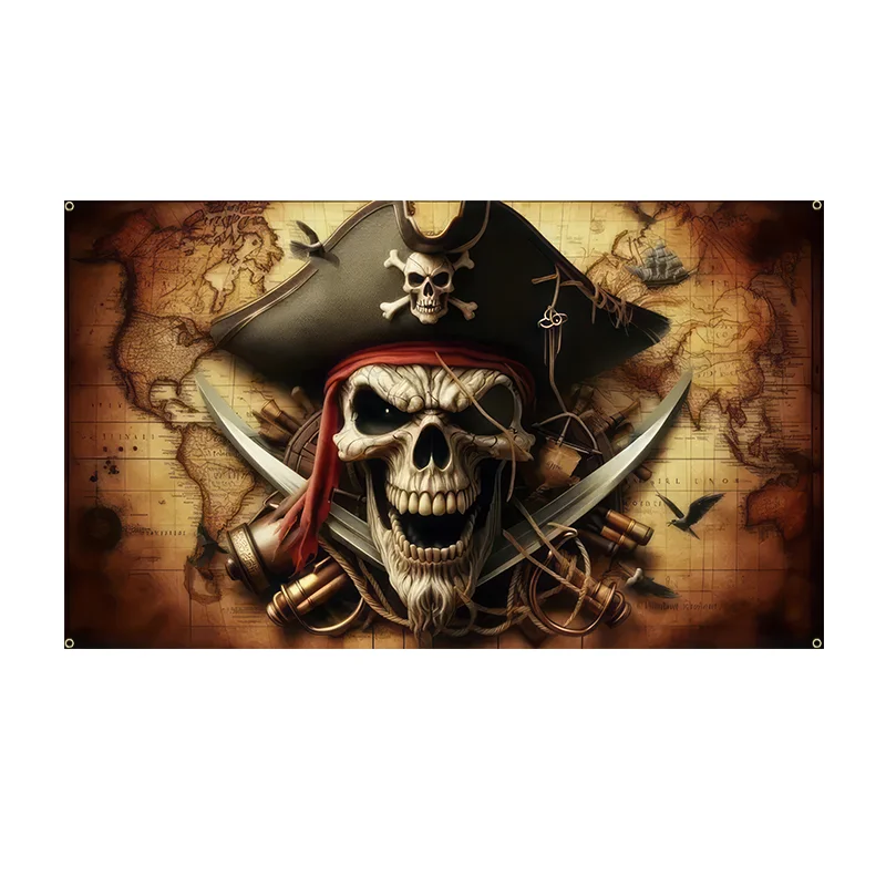 Pirate Flag - Jolly Roger with Skull & Crossbones,Large Pirate Map Background, Nautical Decor for Parties, Events, and Home Deco