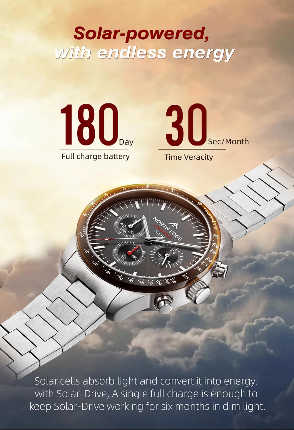 

NORTH EDGE 2025 LONGWINGS Men Quartz Watch Solar Powered Stopwatch Waterproof 50M 316 Full Stainless Steel Luminous Pilot Watch