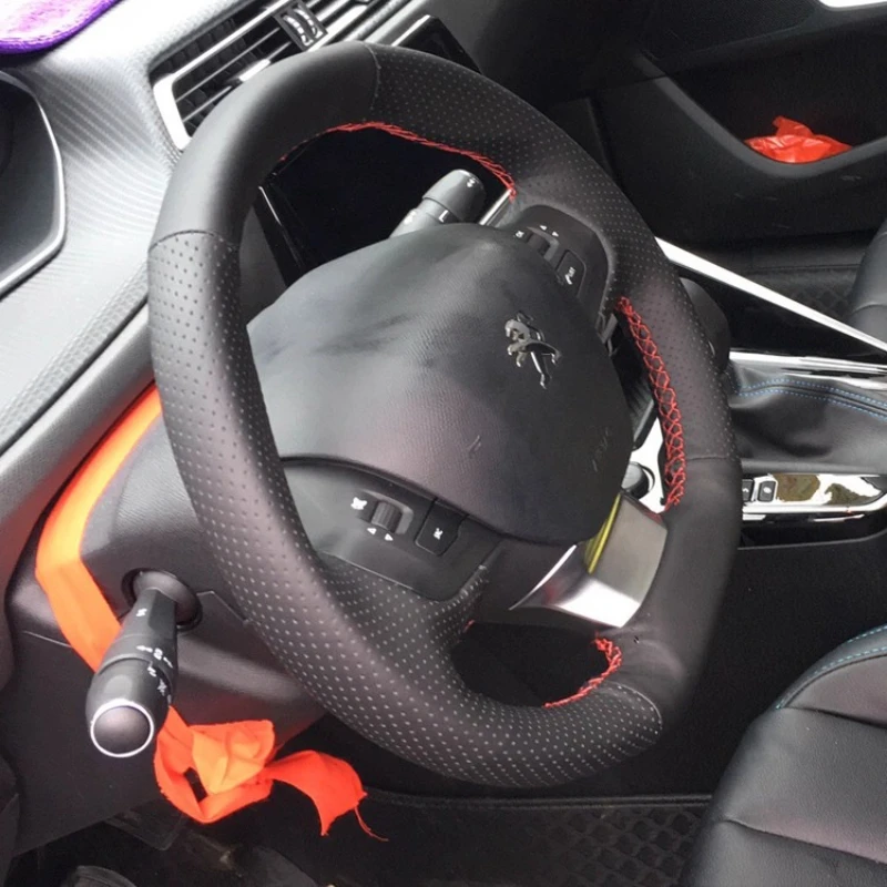 

Hand Stitched black Genuine Leather Car Steering Wheel Cover 100% For Peugeot 308 2014-2017 auto parts
