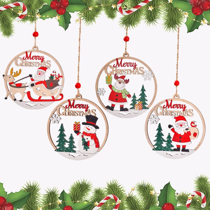 1/4Pcs Christmas Wooden Door Decoration Pendent Party Scene Layout Ornaments Xmas Tree Hanging Decorative Sign Home Decor