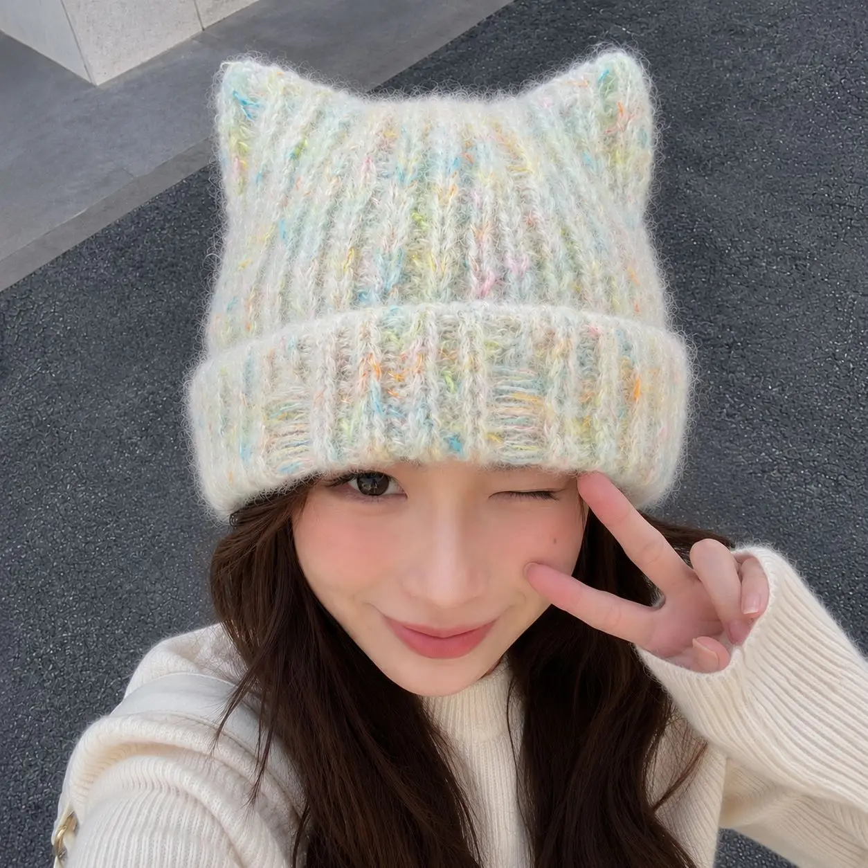 Cute Cat Ear Knit Beanie Hat For Women 2026 Fall Winter Soft Fuzzy Warm Chunky Knitted Cap Kawaii Sweet Daily Outdoor Headwear