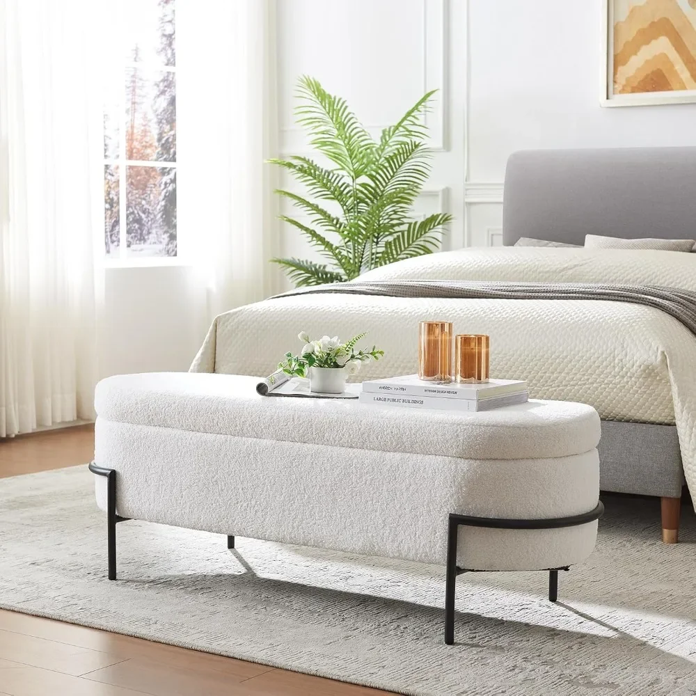 Sherpa Storage Bench with Metal Stand and Hinges, Oval Storage Ottoman Bench, Bed Bench with Storage, Upholstered Storage Bench