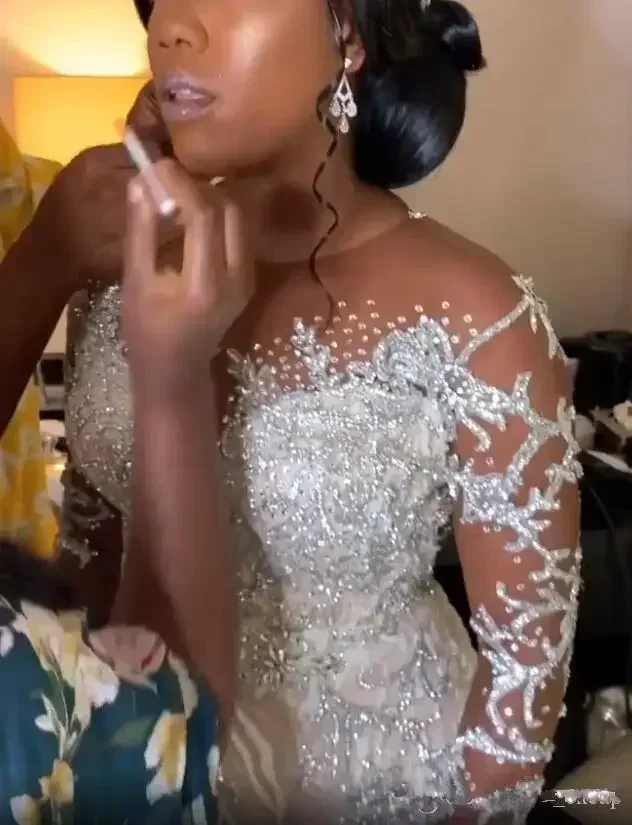 Customized  Mermaid Illusion Open Back Beads Crystal Country Bridal Gowns Long Sleeves African Vestidos De Novia
