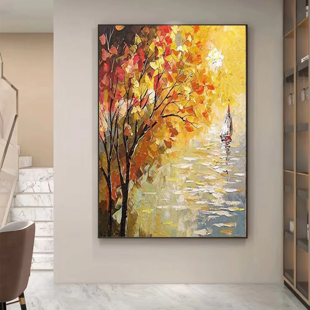 Hand Painted Abstrac Autumn Leaves Wall Art On Canvas Gold and Red Lanscape Oil Painting  For Living Room Office Wall Decoration