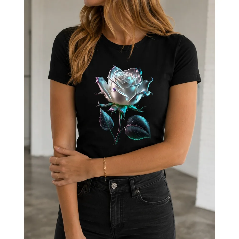 Womens TShirt Comfortable Crew Neck Abstract Floral Design Geometric Print Crew Neck Short Sleeve Fashion Statement Shirt Trendy