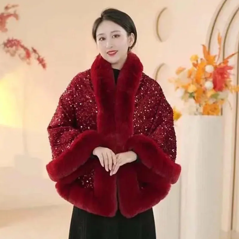 

New Autumn and Winter Sequined Fur Collar Cape Shawl with Thick Velvet Outer Layer Fashionable Jacket for Women