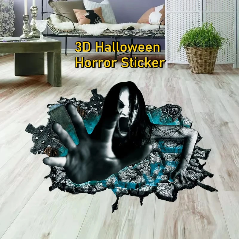 3D Wall Stickers Halloween Horror Floor Decoration PVC Self-adhesive Female Ghost Broken Wall Holiday Thriller