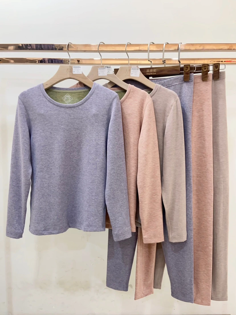 高品質で肌に優しいカップル用サーマル下着セット、ラウンドネック、レディース用暖かいベースレイヤー、フリース裏地付き長袖長ズボン