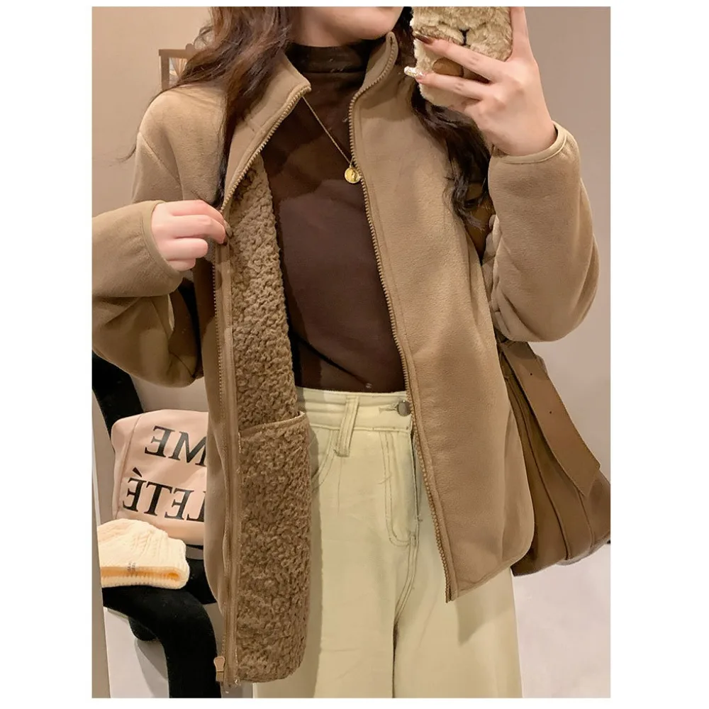 

2025 High-quality Lamb Fleece Hoodie Jacket Women's Autumn and Winter Warm Top Submachine Inner Lining Cardigan Layer Clothing