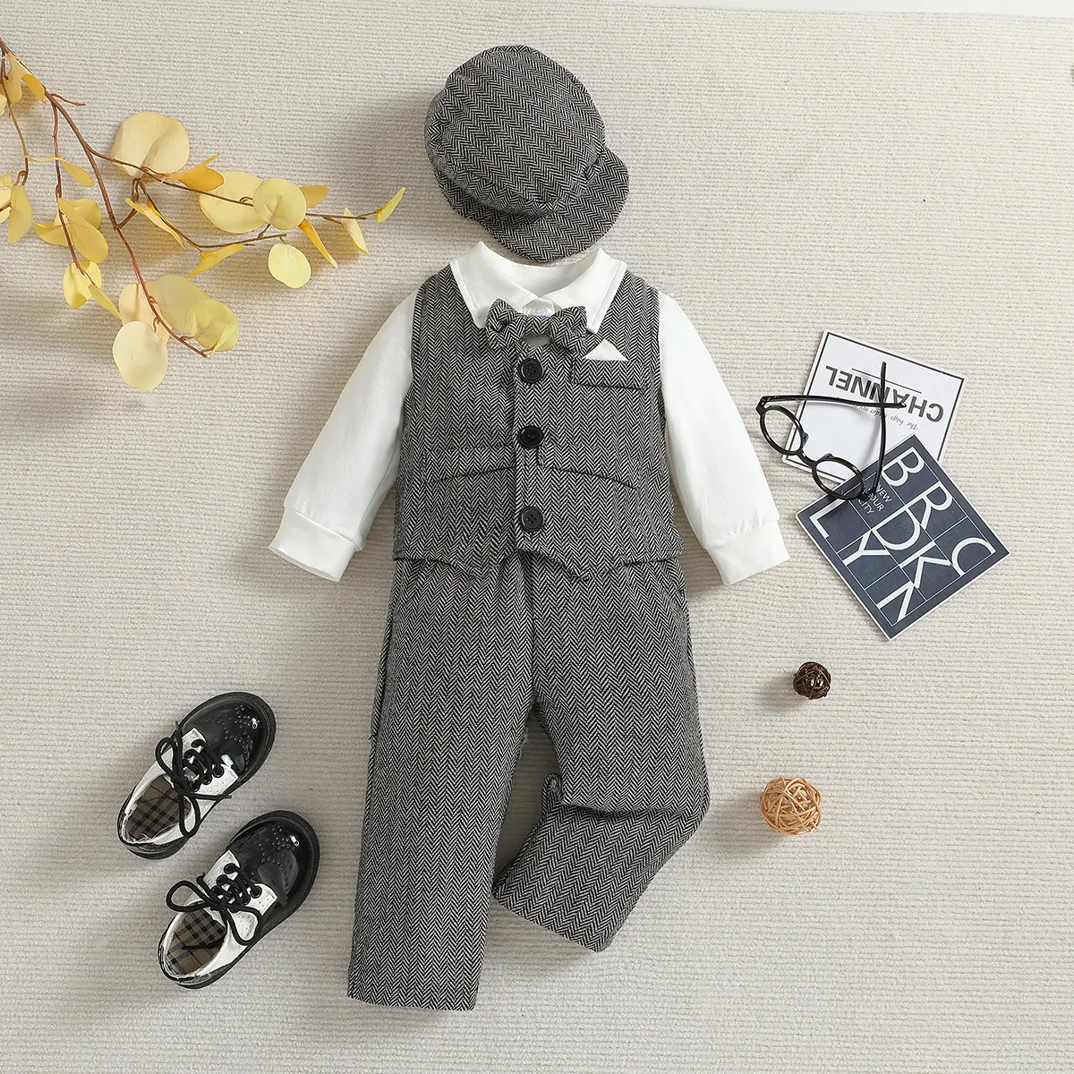 4Piece Spring Autumn Toddler Boy Clothing Korean Fashion Gentleman Tie Bodysuit+Vest+Pants+Hat Newborn Clothes Baby\'s Sets BC782