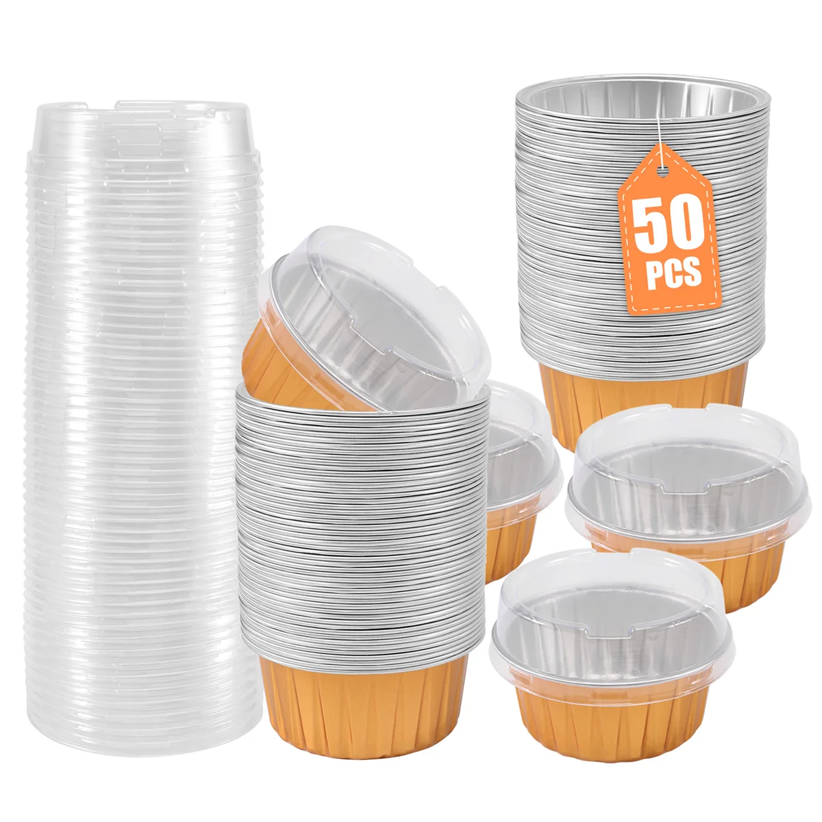 Dessert Cups with Lids, 50 Pack Gold Aluminum Foil Baking Cups Holders, Cupcake Bake Utility Ramekin Clear Pudding Cups