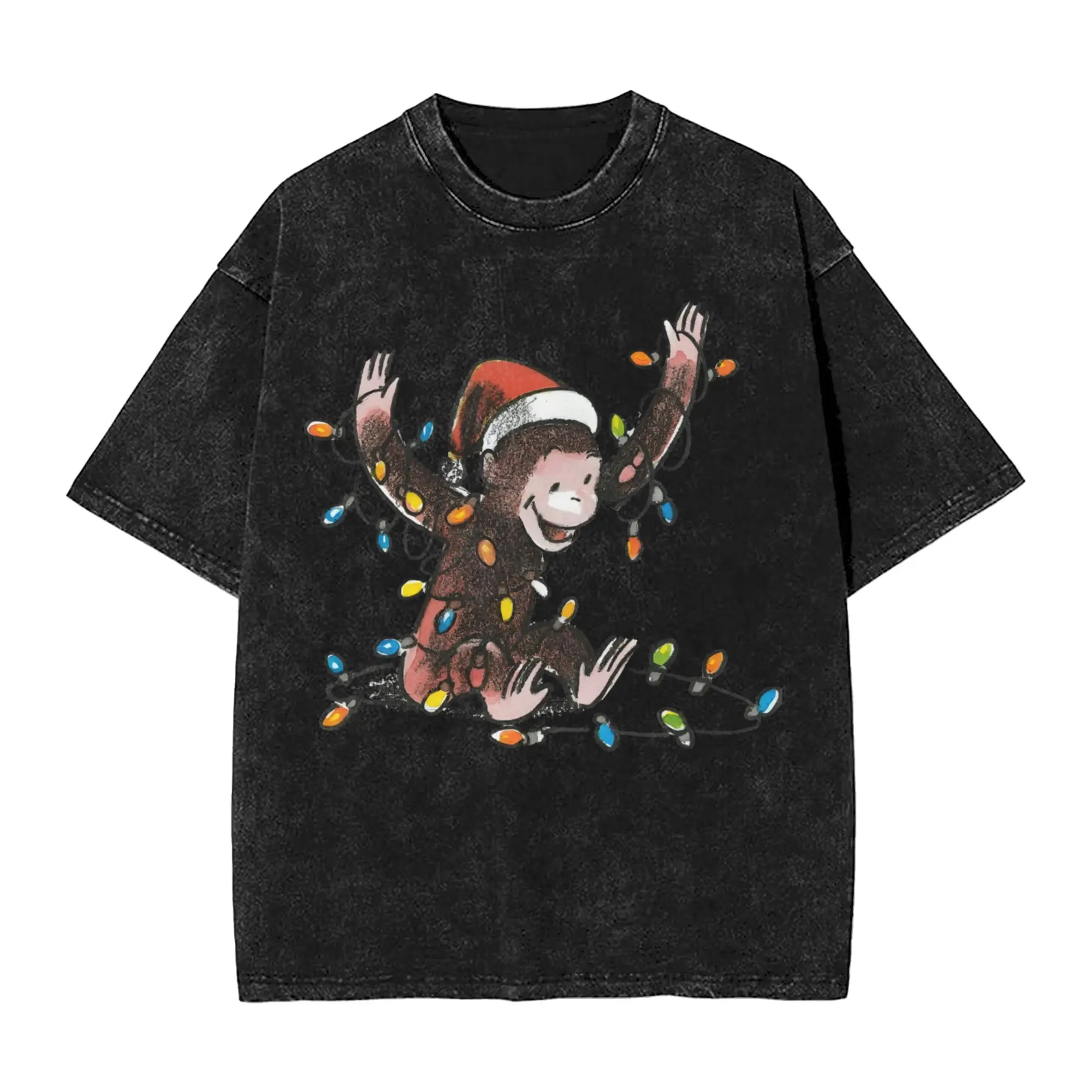 Graphic Printed Curious George on Christmas Washed T Shirts Merch Harajuku T-Shirt  Men Women Tee