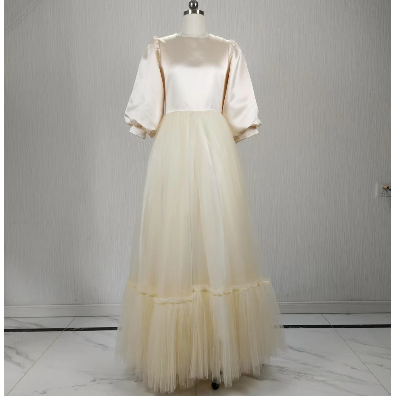 

Real Photo Customized Evening Dress Champagne Modest O-neck 3/4 Sleeves A-line Floor Length Plus size Woman Party Formal Gown