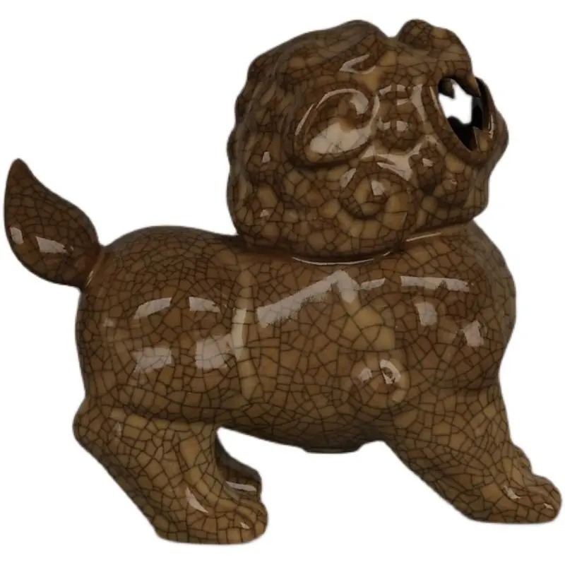 Ge Kiln Crackle Glaze Lion Porcelain Statue Chinese Antique Fu Guardian Ceramic Decor Figurine