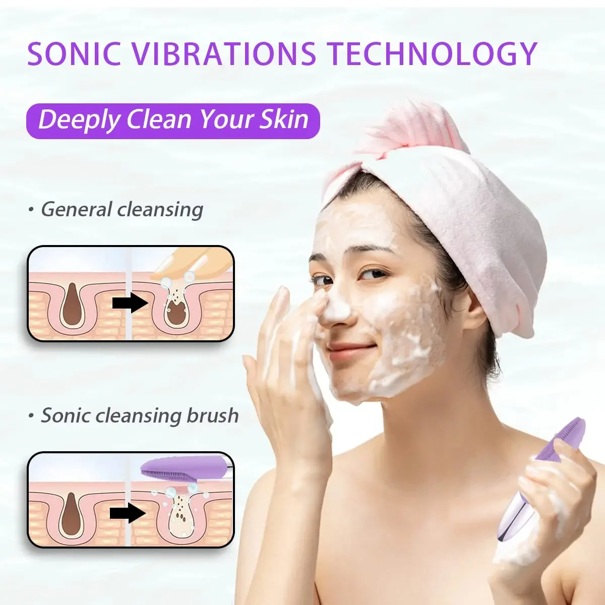 Escova elétrica facial de limpeza de silicone, dispositivo de limpeza profunda de massagem vibratória ultrassônica, recarregável por USB