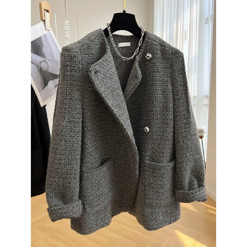 

Design Sense Niche 2025 Round Neck Coarse Woolen Coat Women's Autumn and Winter High-end Woolen Coat Trend Female Clothing