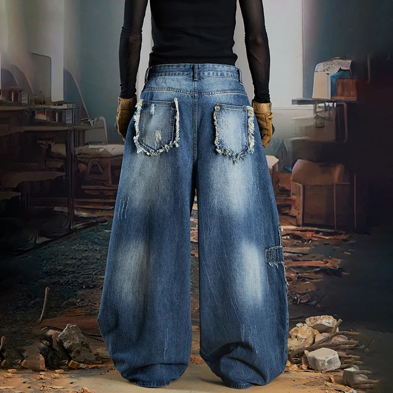 LUZHEN 2025 جديد وأصلي تصميم مرقع عتيق جينز مستقيم للرجال أنيق ملابس الشارع واسعة الساق من قماش الدنيم JY5132 #4