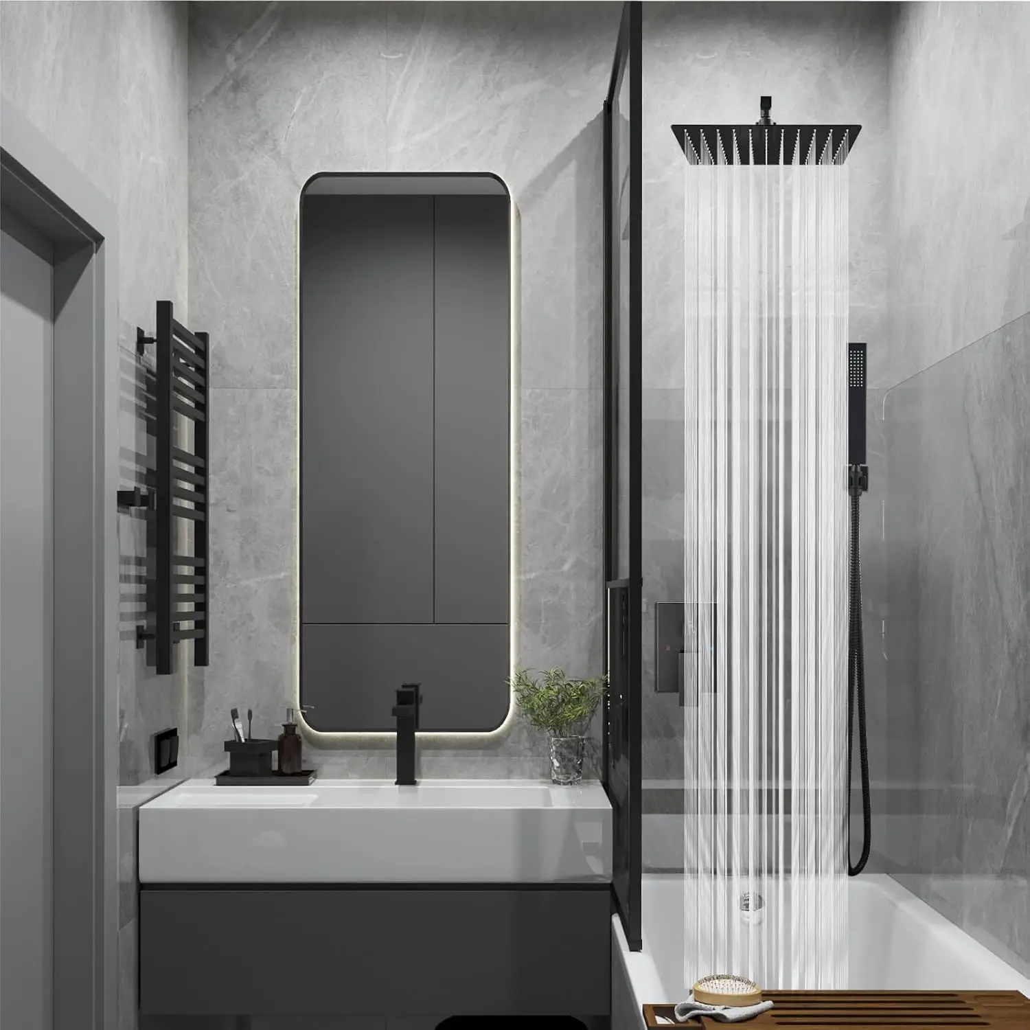 

Matte Black Thermostatic Faucets Wall Mount Square Rain Shower Head & Hand Sprayer Set Trim Kit Rough-in Valve Body For Villas