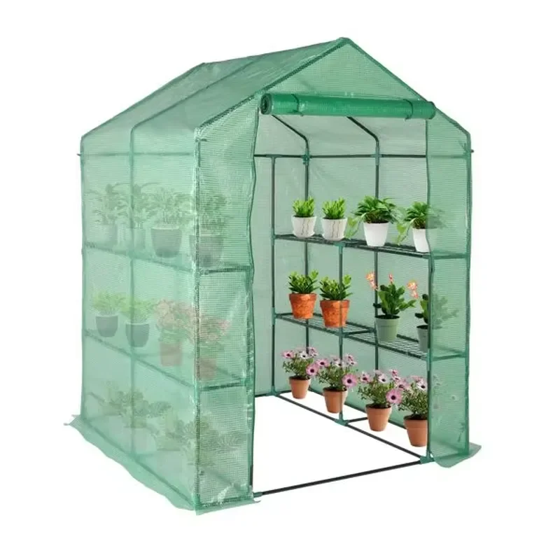 Black Iron Pipe Steeple Greenhouse 143x143x195cm with 8-Piece Grid Flower Stand Zipper Rolling Door PE Cloth for Gardens
