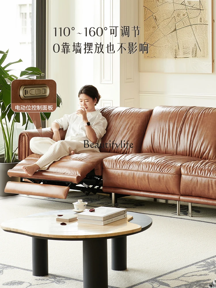 1**French oil wax leather electric function medium ancient style zero wall all green leather sofa