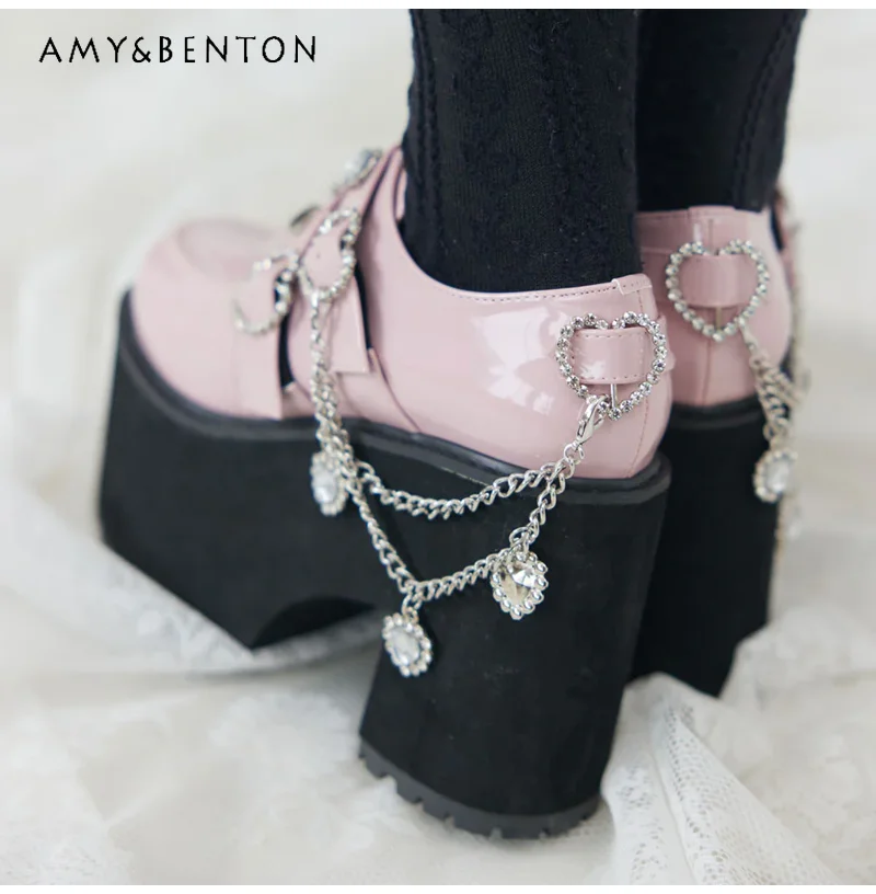 Japanese Lolita Rhinestone Love Chain Thick Bottom Platform Heels Students Mine Mass-Produced Sweet Shoes Women Princess Heels