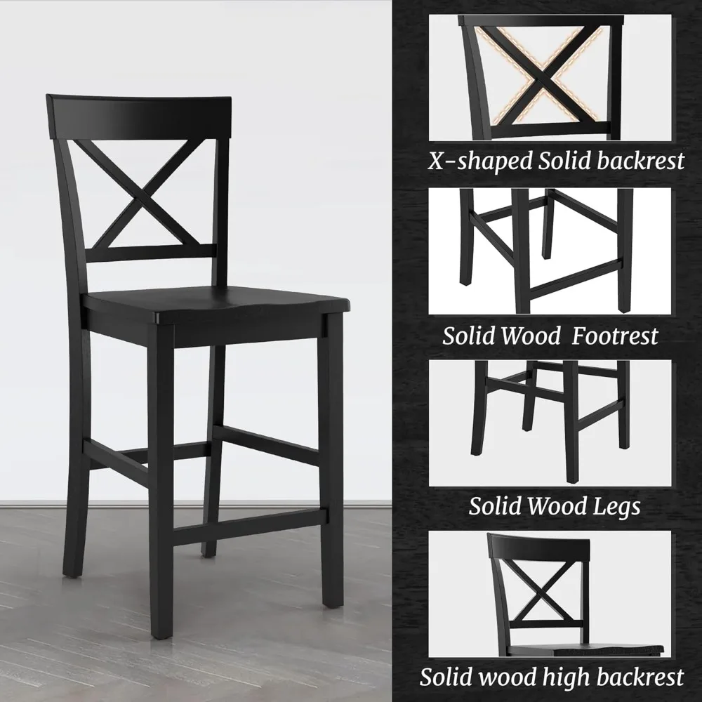 مجموعة مقاعد بار بارتفاع عداد مكونة من 4 قطع، مقاعد خشبية 24 ساعة مع مسند للظهر والقدمين، مقاعد للبار للمزرعة على شكل حرف X للمطبخ
