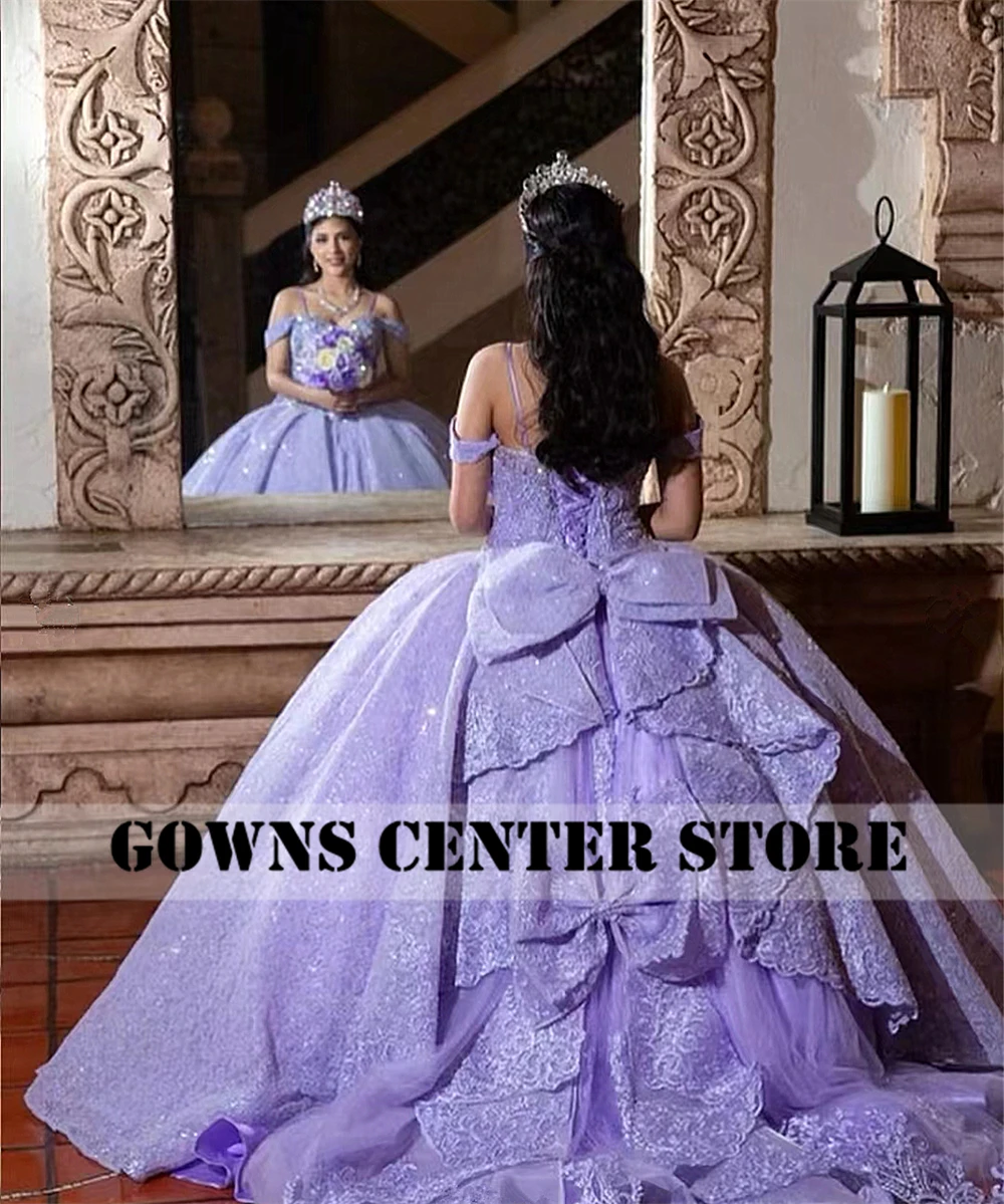 Vestido de baile Quinceanera com arco, Vestido de princesa com renda lavanda, Laço lavanda, ombro, doce, 15, 16