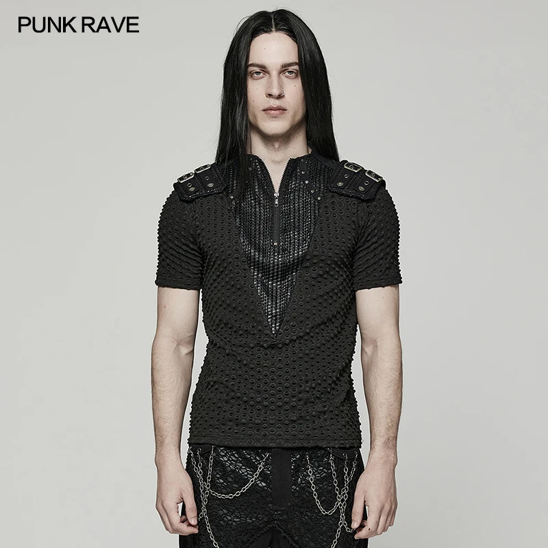 PUNK RAVE Men's Punk Tattered Knit Handsome Short Sleeve T-shirt Cool  Stand-up Collar Casual Tees Tops Summer