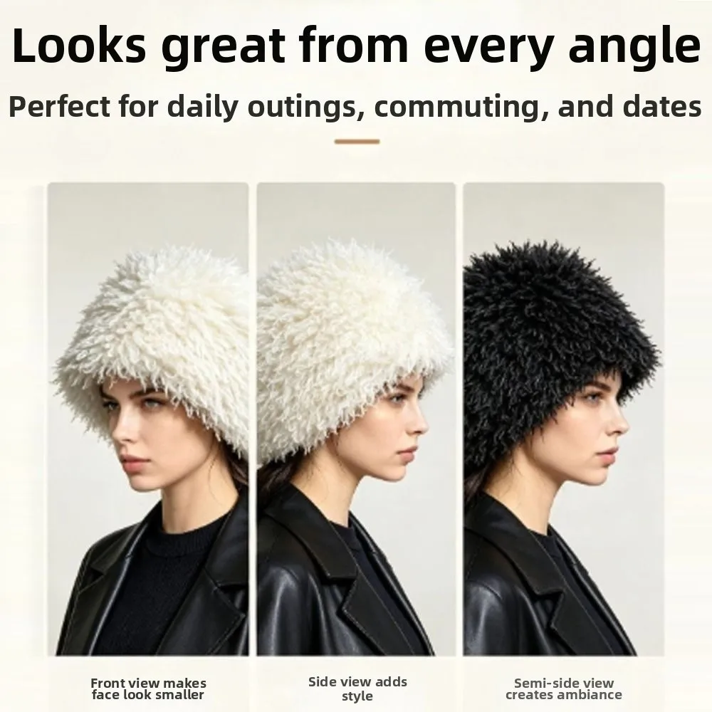 Retro Polyester Faux Fur Winter Hat Soft and Warm Thick Bucket Hat Warm Curly Texture Fluffy Winter Cap For Women