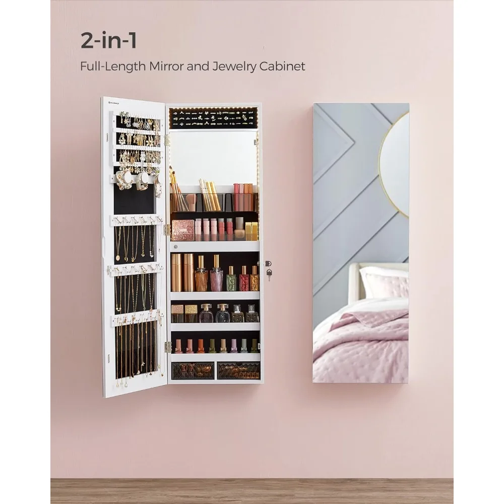 

Wall/Door Mount Storage Cabinet With Full-Length Frameless Lighted Mirror Built-in Makeup Mirror 2 Drawers Lockable Cabinets