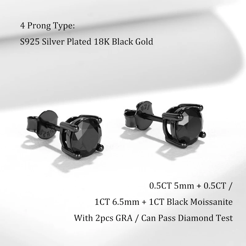 Black Moissanite Earrings 0.5/1 Carat, 925 Silver & 18K Black Gold Plated 3