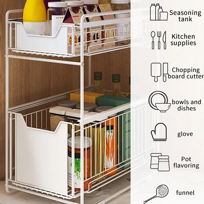 Multi-purpose 2 Tier Sliding Cabinet Basket Under Sink Organizer Storage Rack With Drawers For Home Bathroom Kitchen Accessories