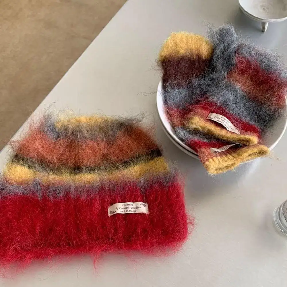 

Two Piece Set Mohair Rainbow Outdoor Coldproof Gloves Cap Set Plush Knitted Ear Protection Cap Mittens Windproof Ins Casual