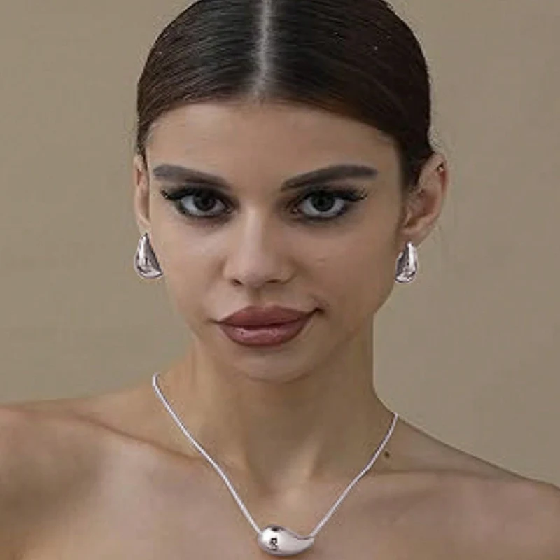 Obega 2PCs Set Water Drop Earring Necklace Set Gold Color Trendy Necklace Tear Drop Earring Shinny Silver Women Jewelry Set image 6