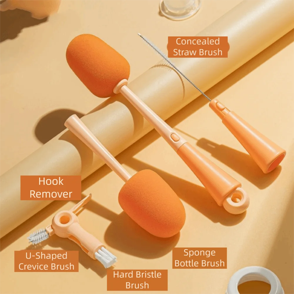 Sikat Botol Air 5-in-1 Spons Nylon Bulu Lembut Sikat Botol Susu Bebas BPA 360 °   Set Sikat Pembersih Botol
