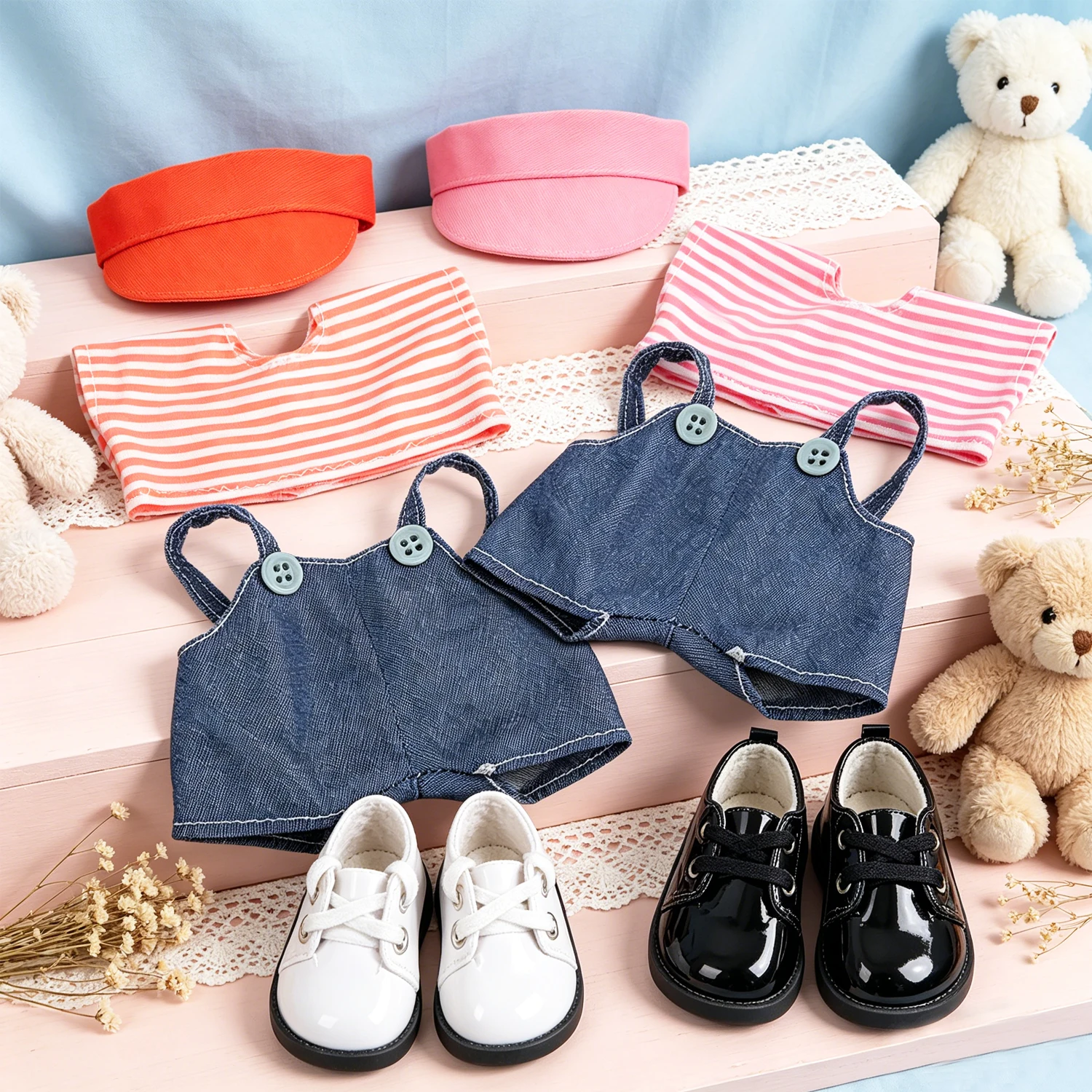 Cute Labuabu Doll Outfit with Shoes & Hat Casual Denim Set,Striped Top + Overalls + Accessories For V1 V2 for 17cm Labuabu Dolls
