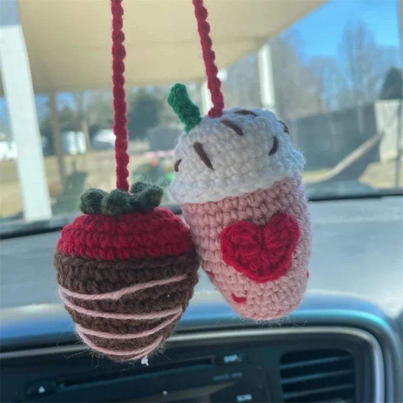 Pure handmade knitting carton cute Strawberry Ice cream car rearview mirror decoration accessory pendant Cross-border sales