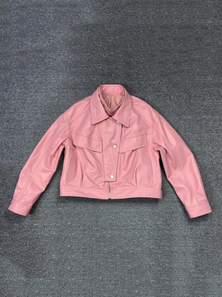 Giacca da donna in vera pelle primavera manica lunga rosa Sheespkin streetwear colletto couverture personalità signora moto cappotto corto