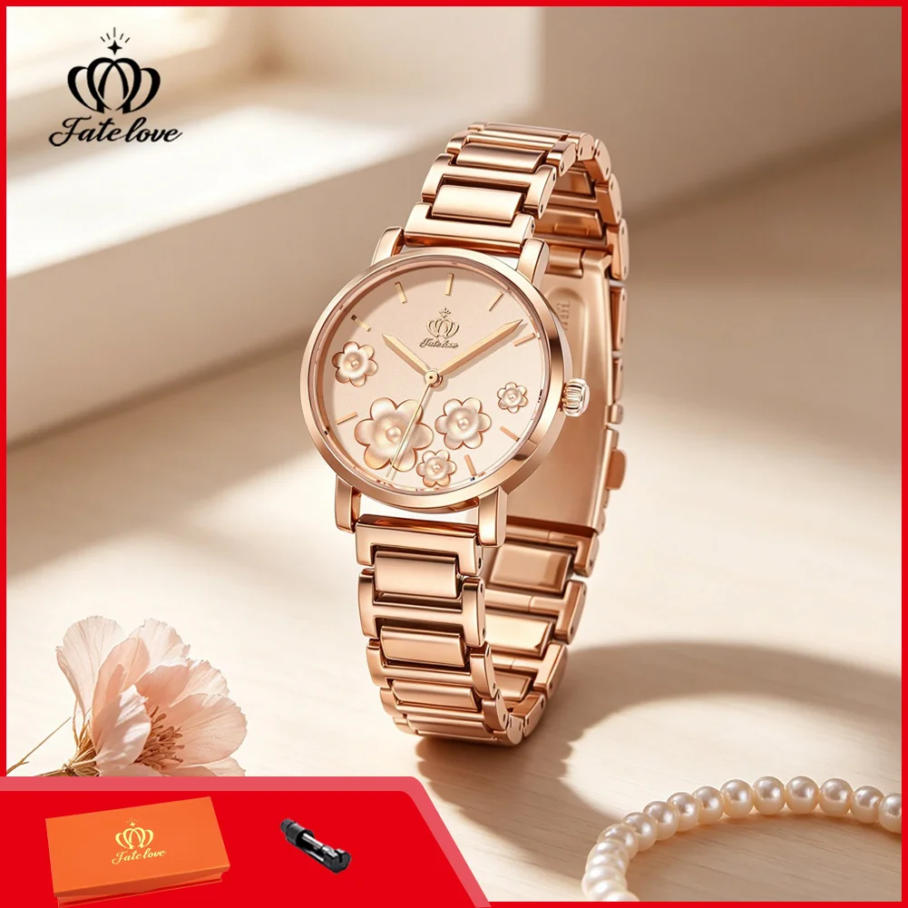 Fatelove 929 Luxury Quartz Ladies Watch Flower Dial Waterproof Steel Strap Elegant Fashion Wristwatch for Women