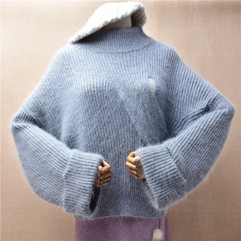 Ladies Women Fall Winter Thick Warm Grey Hairy Angora Rabbit Hair Knitted Turtleneck Long Flare Sleeves Loose Pullover Sweater