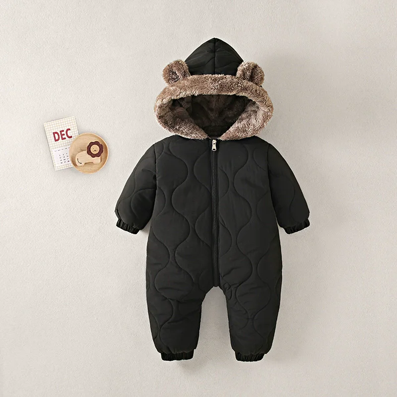 Baby Boys Girls Bear Ear Hooded Snowsuit Winter Quilted Fleece Lined Romper Newborn Infant Zipper Jumpsuit Warm One Piece Outfit