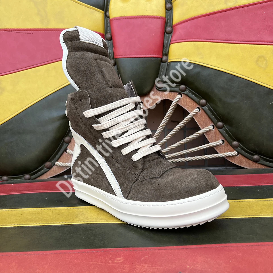 

Suede Leather High Top Men's Shoe Height Increasing Thick Bottom Side Zipper Casual Fashion Board Sneakers Brown Geobasket Shoes