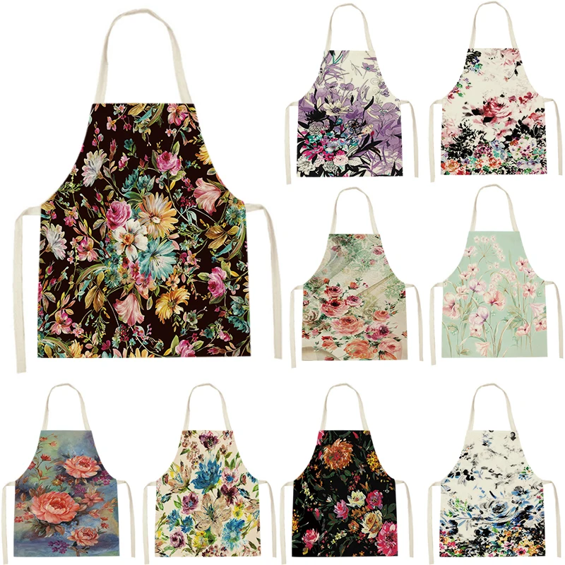 Flowers scenery Aprons for Women Linen Bibs Household Cleaning Apron Home Waterproof Chefs Cooking Baking Apron for Child