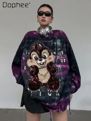 Sudaderas de ardilla de dibujos animados Tie-dye con lentejuelas de industria pesada, moda holgada, Top de longitud media, ropa informal para mujer 2024